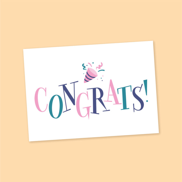 A card design featuring the word congrats in a colorful arrangement.
